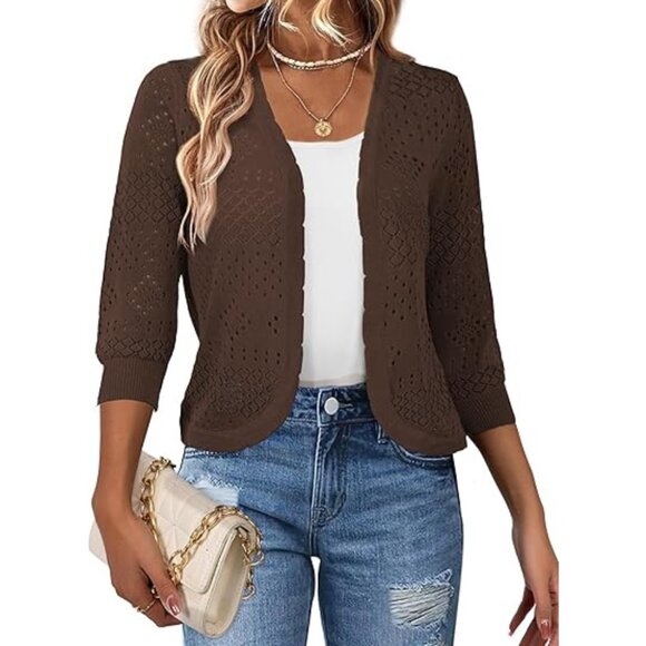 REDHOTYPE Women's XL Coffee 3/4 Sleeve Open Front Crop Shrugs Cardigan Sweater - Picture 1 of 14